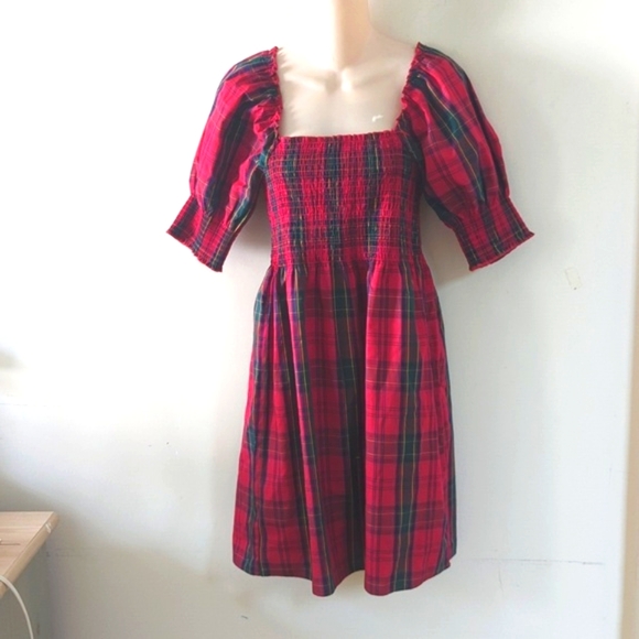 Nicole Miller Red Smocked Tartan Plaid Puff Sleeve Dress S - Picture 3 of 16